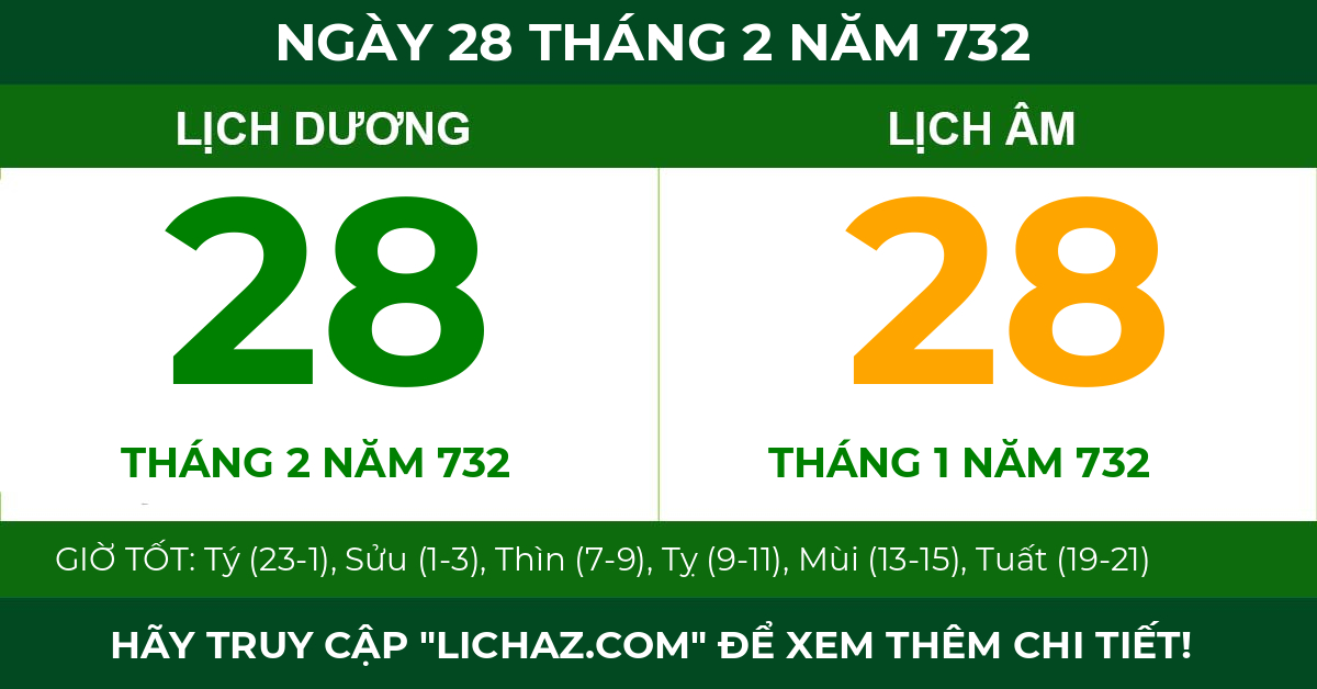 lịch âm ngày 28 tháng 2 năm 732