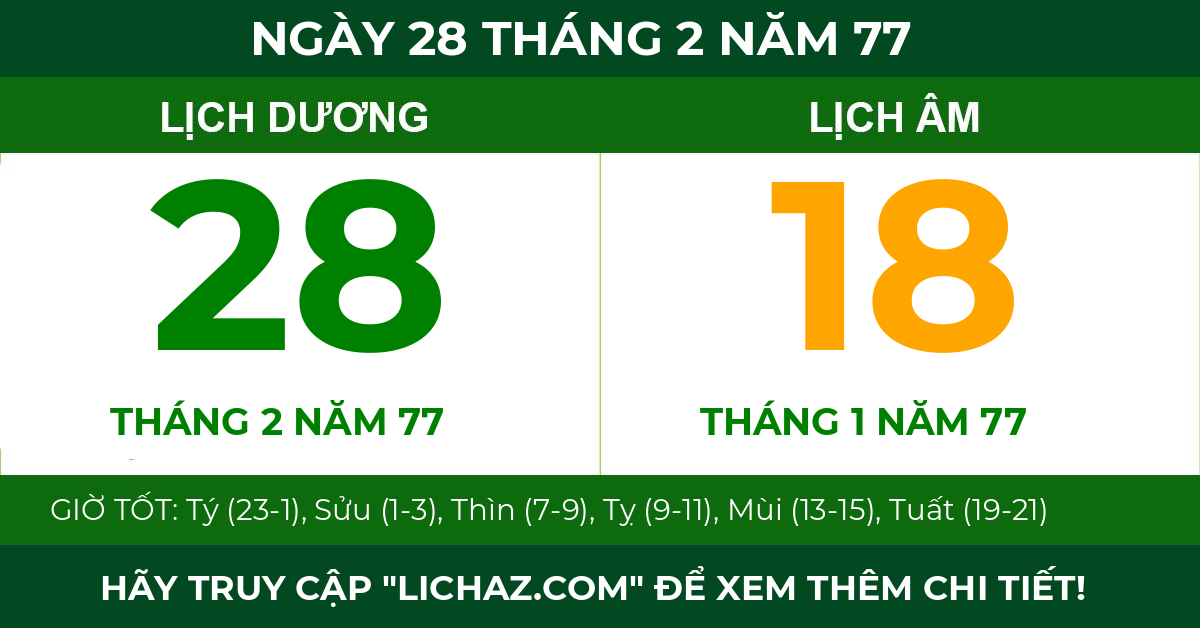 lịch âm ngày 28 tháng 2 năm 77
