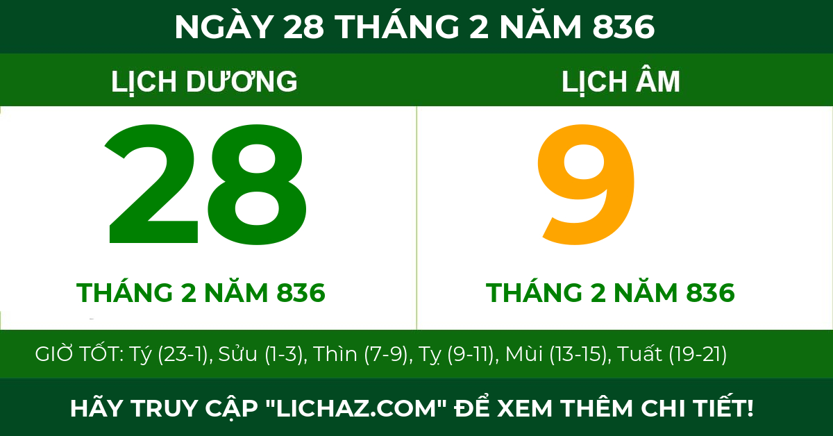lịch âm ngày 28 tháng 2 năm 836