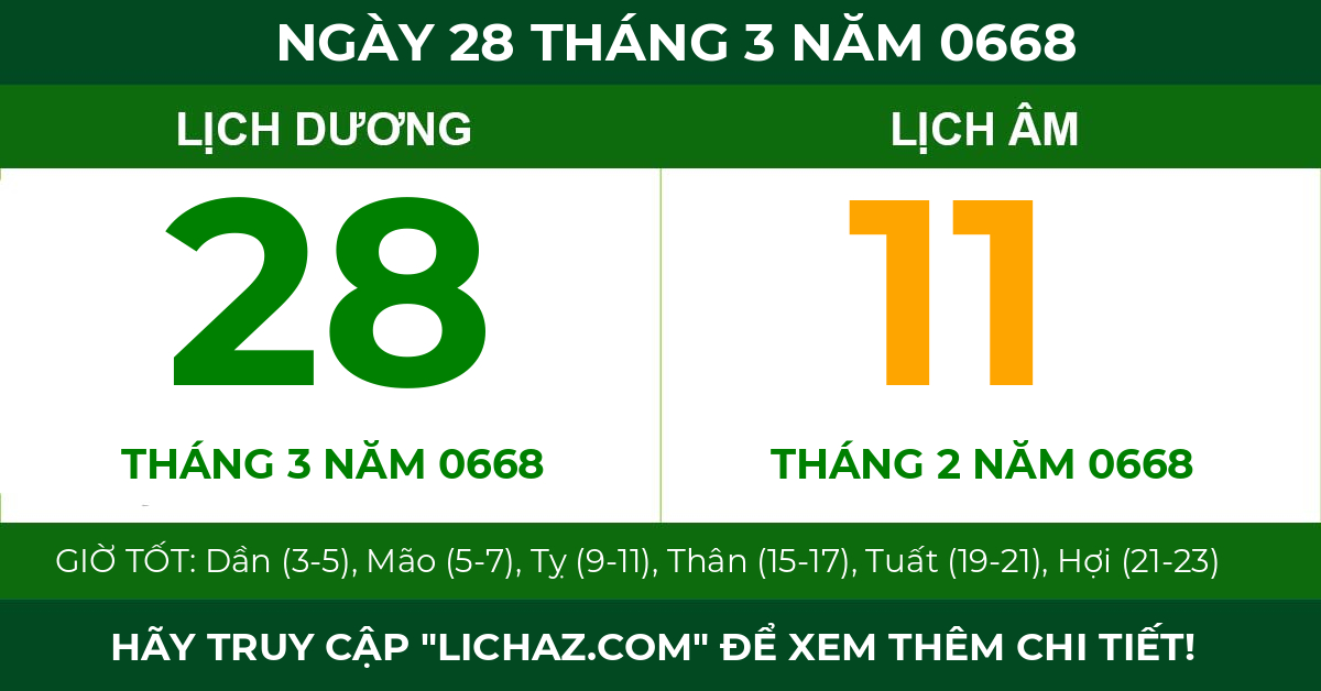 lịch âm ngày 28 tháng 3 năm 0668