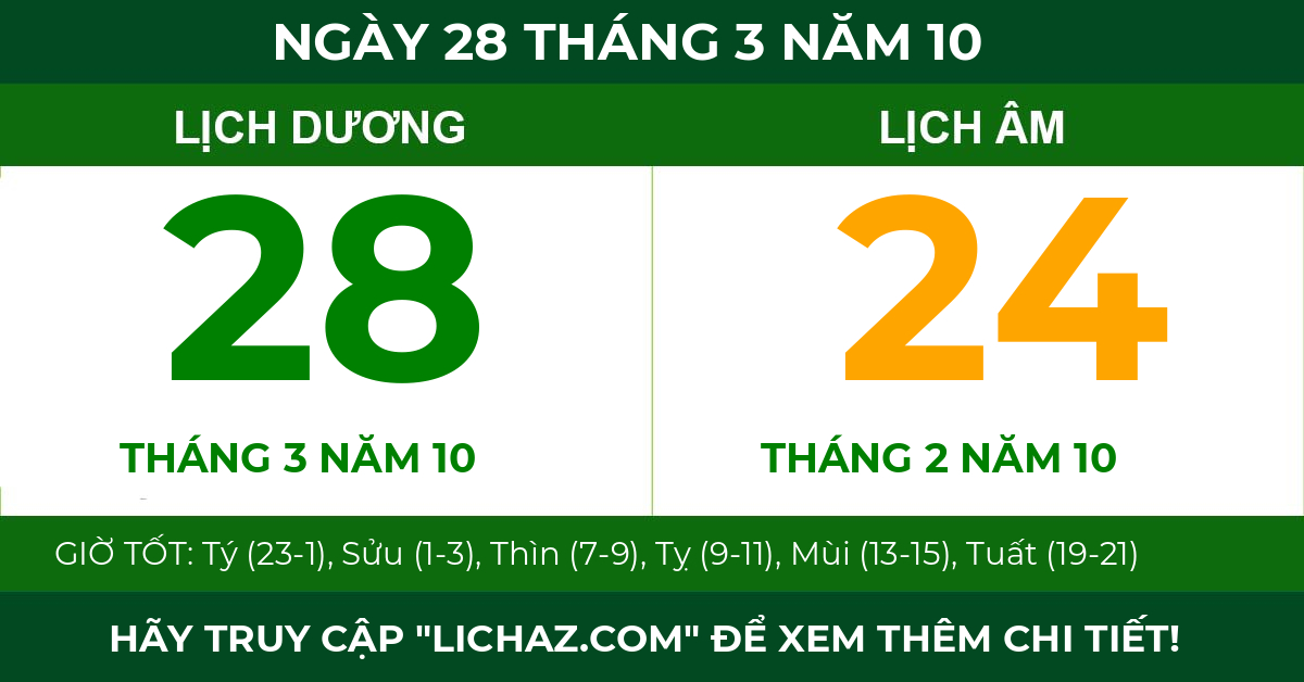 lịch âm ngày 28 tháng 3 năm 10