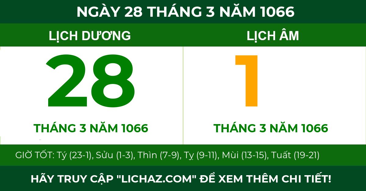 lịch âm ngày 28 tháng 3 năm 1066