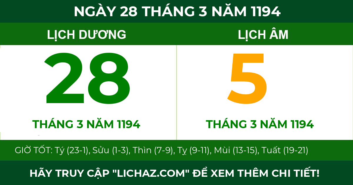 lịch âm ngày 28 tháng 3 năm 1194