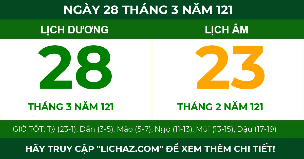 lịch âm ngày 28 tháng 3 năm 121