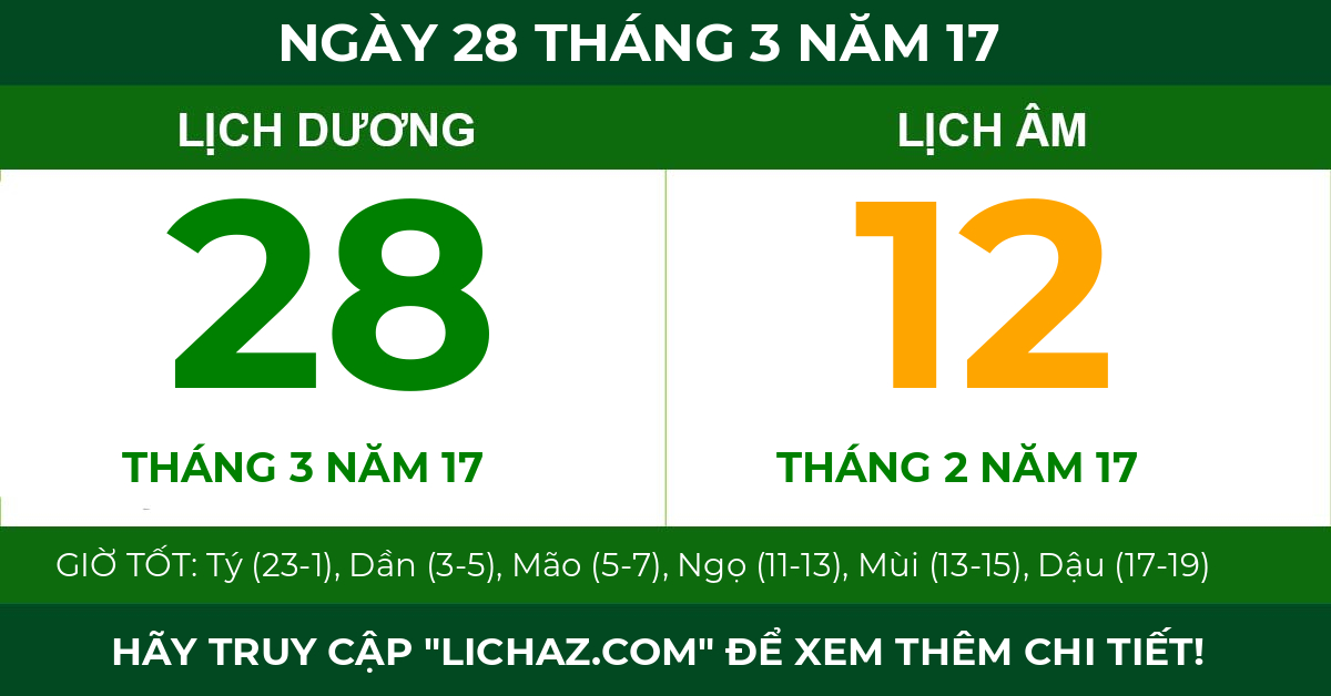 lịch âm ngày 28 tháng 3 năm 17