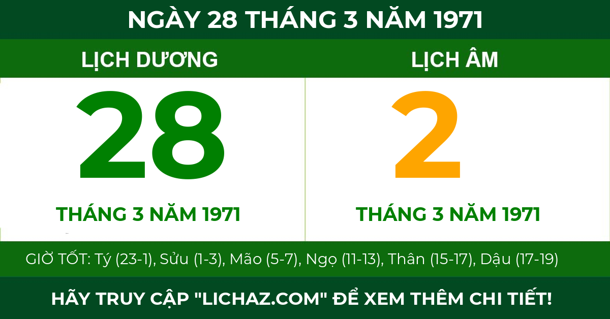 lịch âm ngày 28 tháng 3 năm 1971