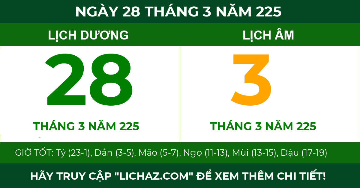 lịch âm ngày 28 tháng 3 năm 225