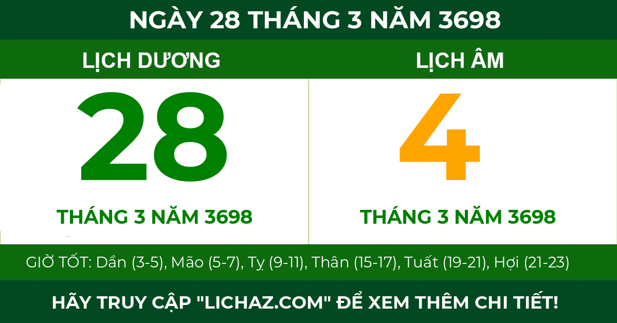lịch âm ngày 28 tháng 3 năm 3698
