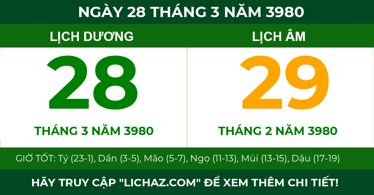lịch âm ngày 28 tháng 3 năm 3980