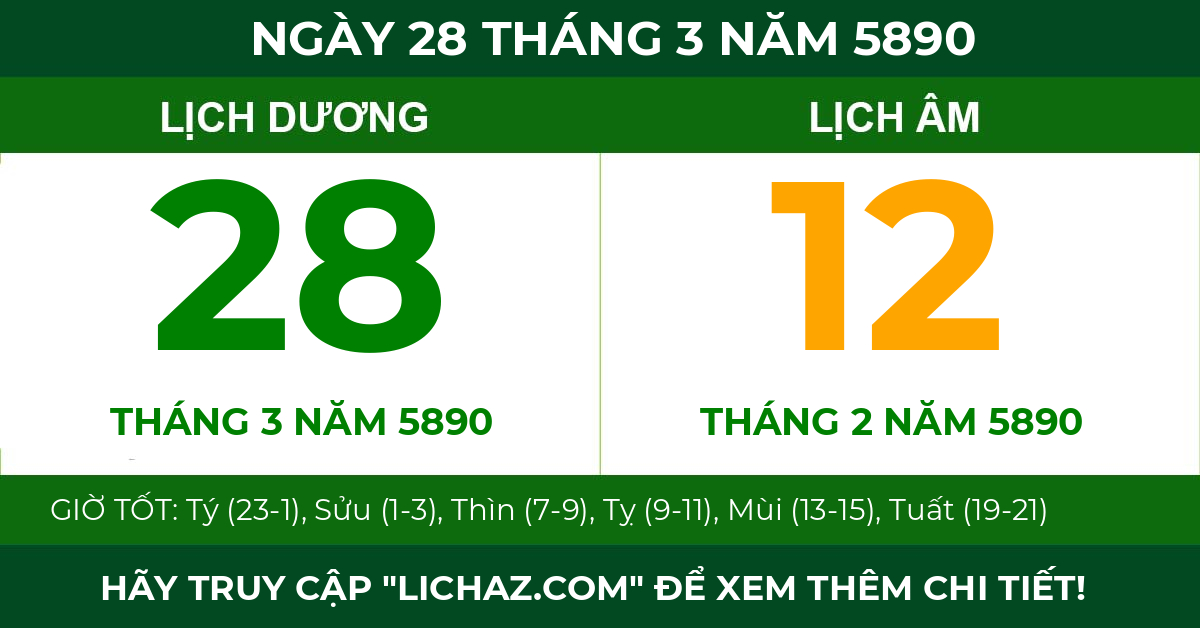 lịch âm ngày 28 tháng 3 năm 5890