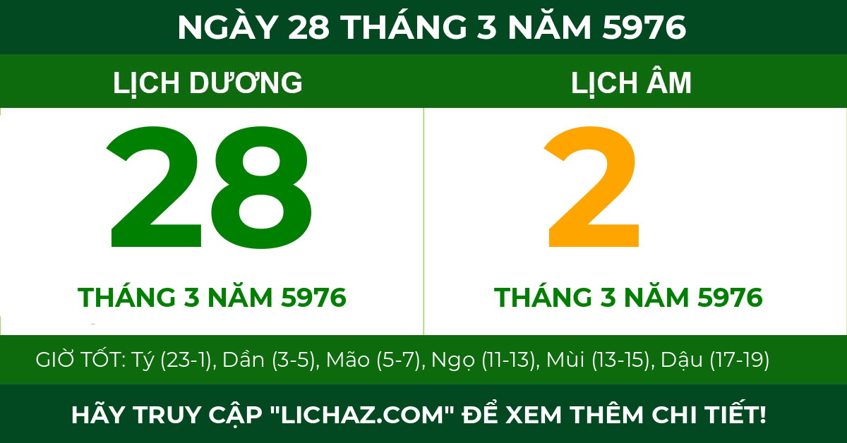 lịch âm ngày 28 tháng 3 năm 5976