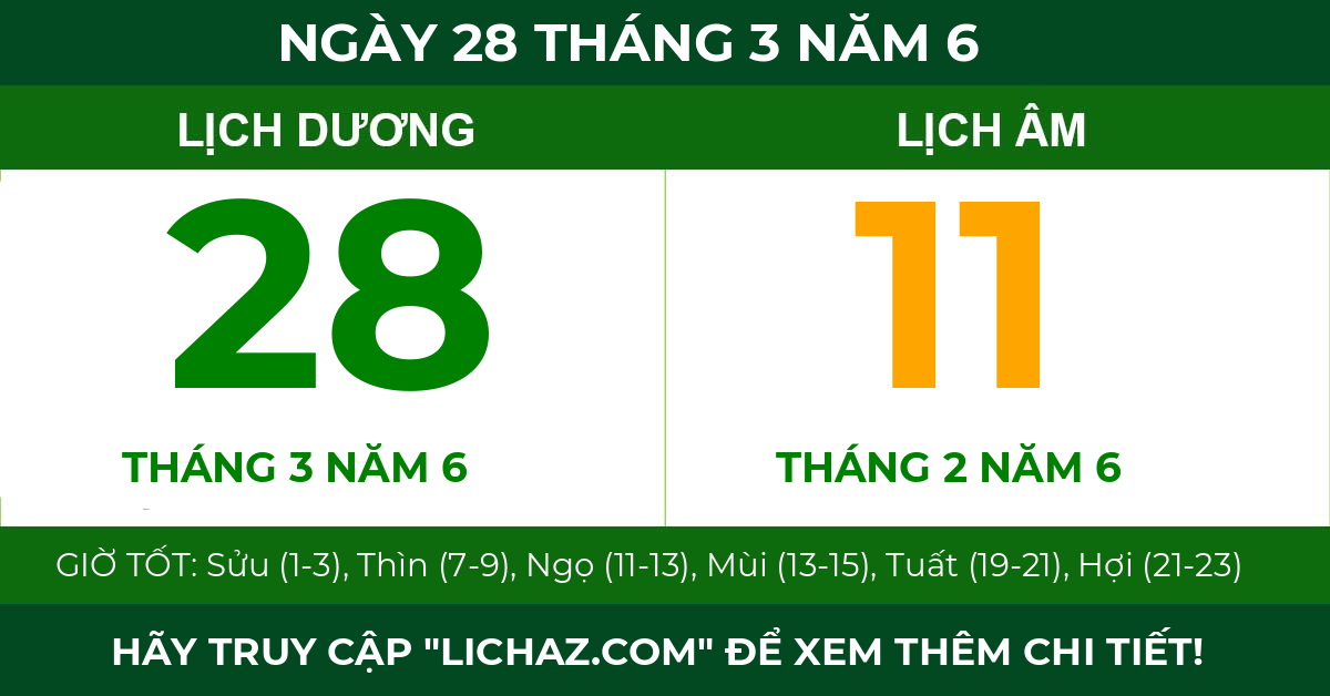 lịch âm ngày 28 tháng 3 năm 6