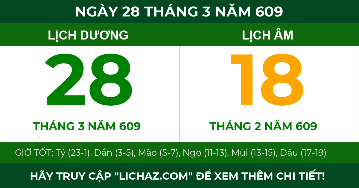 lịch âm ngày 28 tháng 3 năm 609