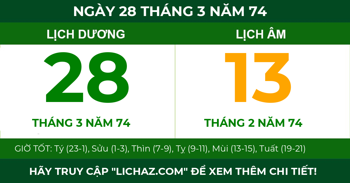 lịch âm ngày 28 tháng 3 năm 74