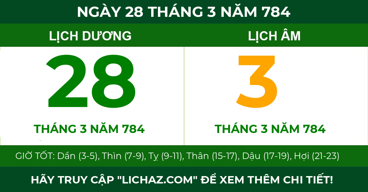 lịch âm ngày 28 tháng 3 năm 784