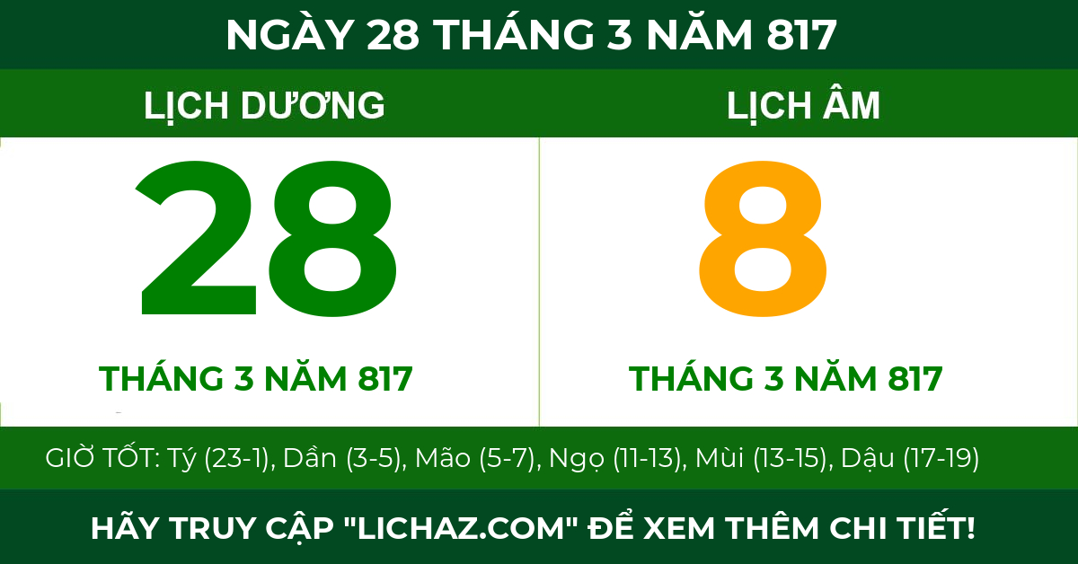 lịch âm ngày 28 tháng 3 năm 817