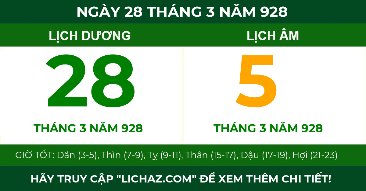 lịch âm ngày 28 tháng 3 năm 928