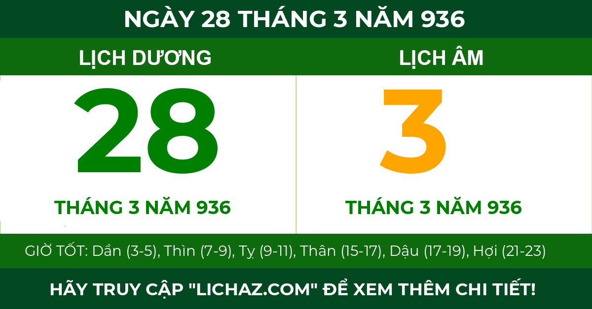 lịch âm ngày 28 tháng 3 năm 936
