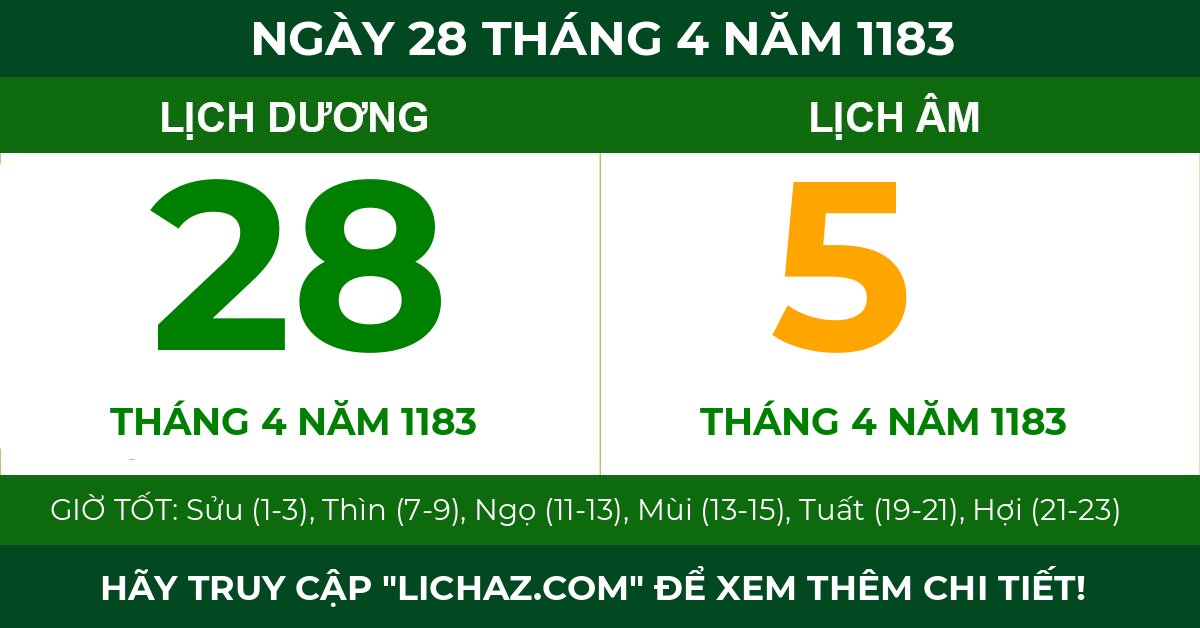 lịch âm ngày 28 tháng 4 năm 1183