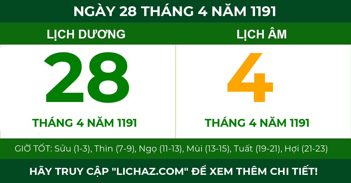 lịch âm ngày 28 tháng 4 năm 1191