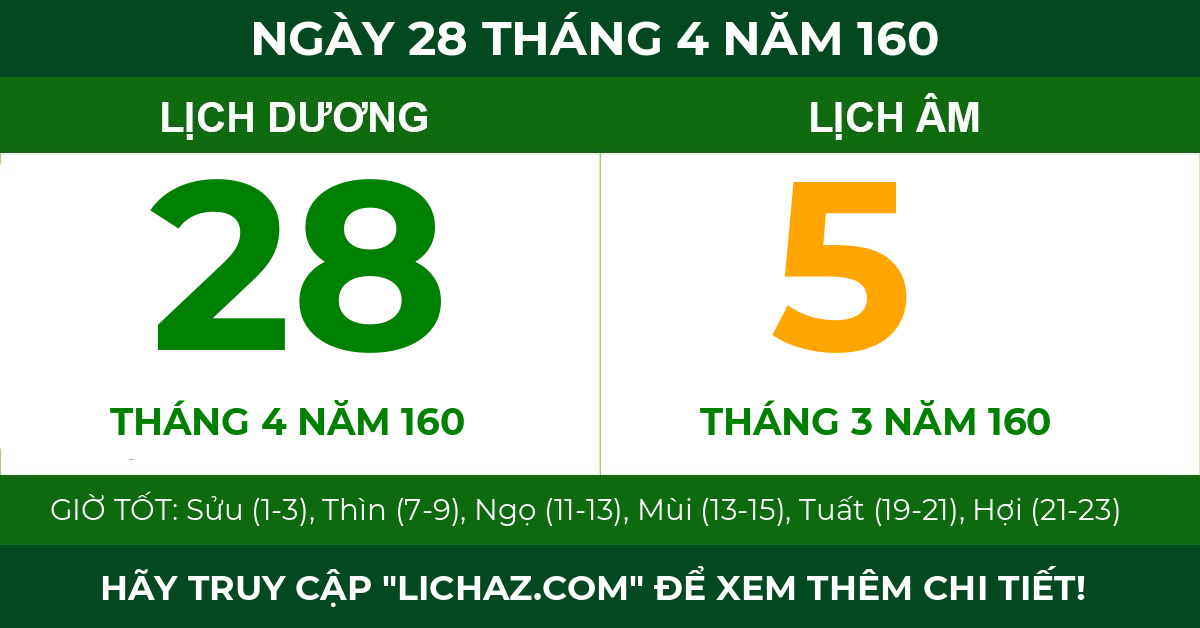 lịch âm ngày 28 tháng 4 năm 160