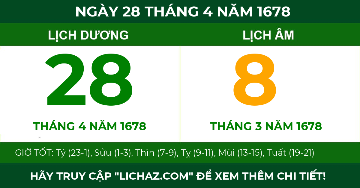 lịch âm ngày 28 tháng 4 năm 1678