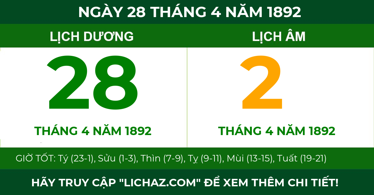 lịch âm ngày 28 tháng 4 năm 1892