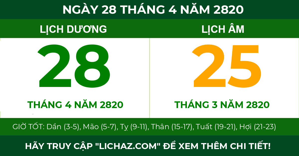 lịch âm ngày 28 tháng 4 năm 2820
