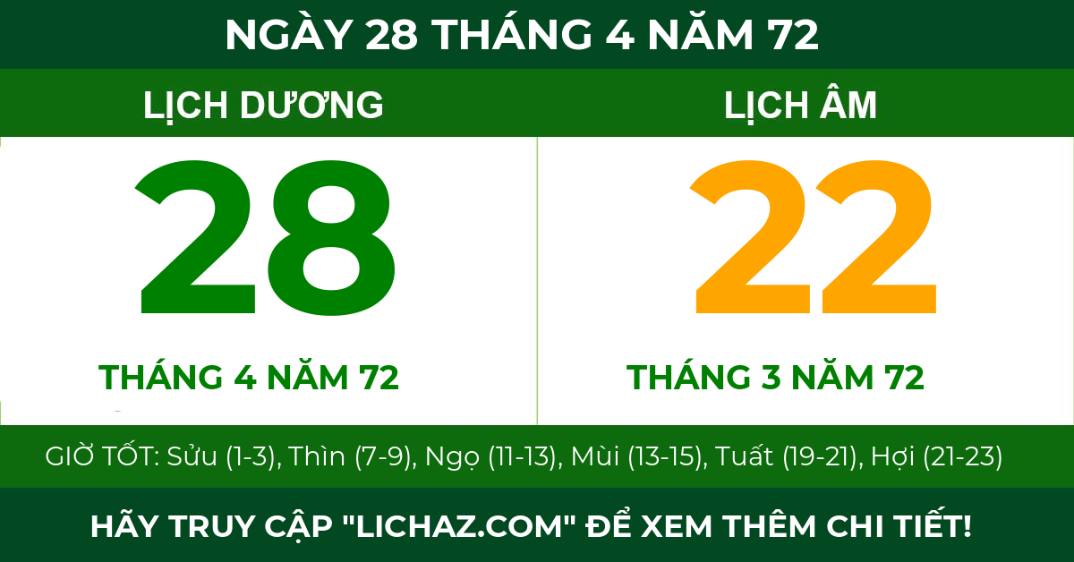 lịch âm ngày 28 tháng 4 năm 72