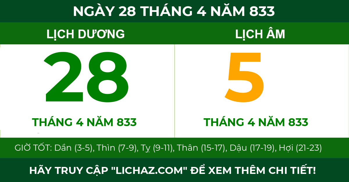 lịch âm ngày 28 tháng 4 năm 833