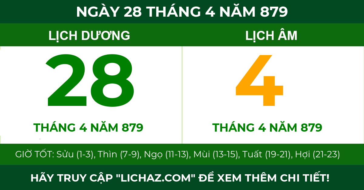 lịch âm ngày 28 tháng 4 năm 879