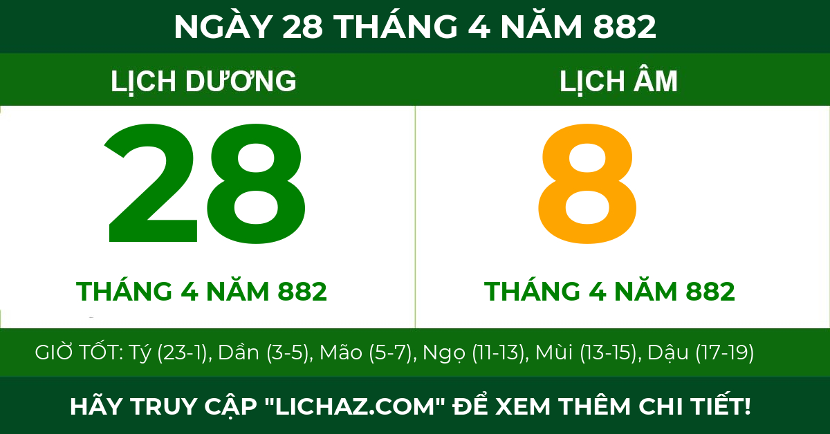 lịch âm ngày 28 tháng 4 năm 882