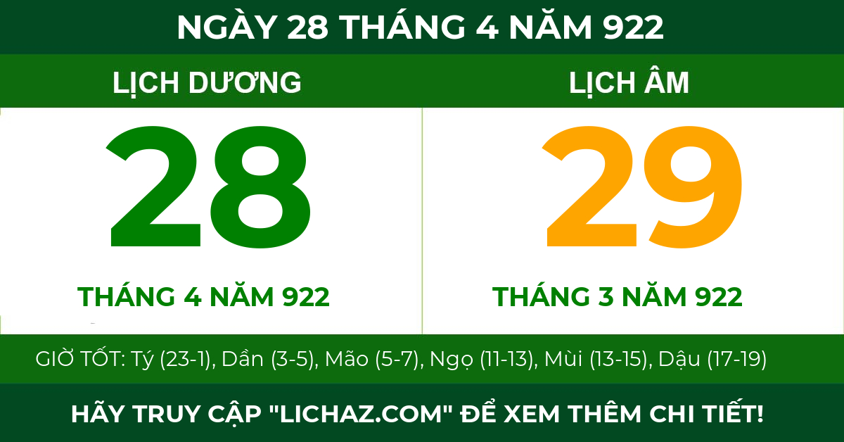lịch âm ngày 28 tháng 4 năm 922