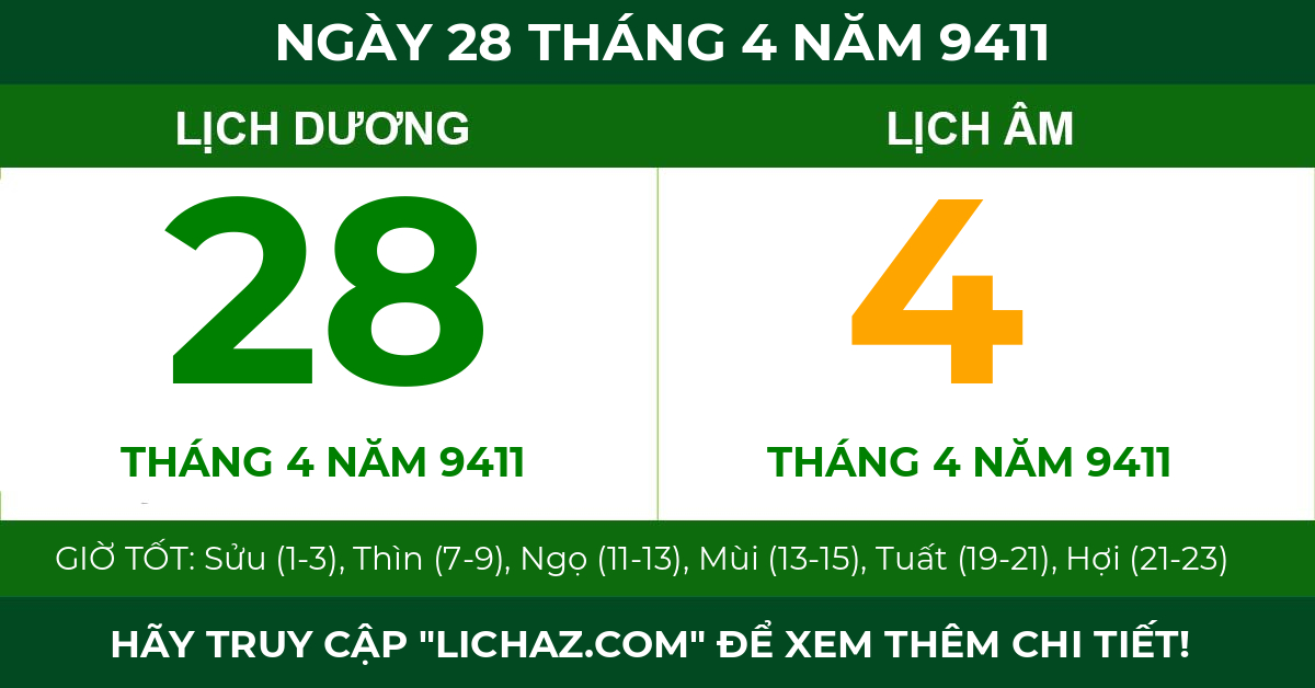 lịch âm ngày 28 tháng 4 năm 9411