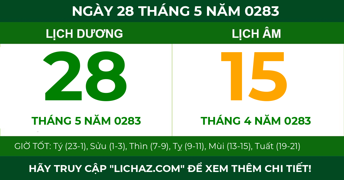 lịch âm ngày 28 tháng 5 năm 0283