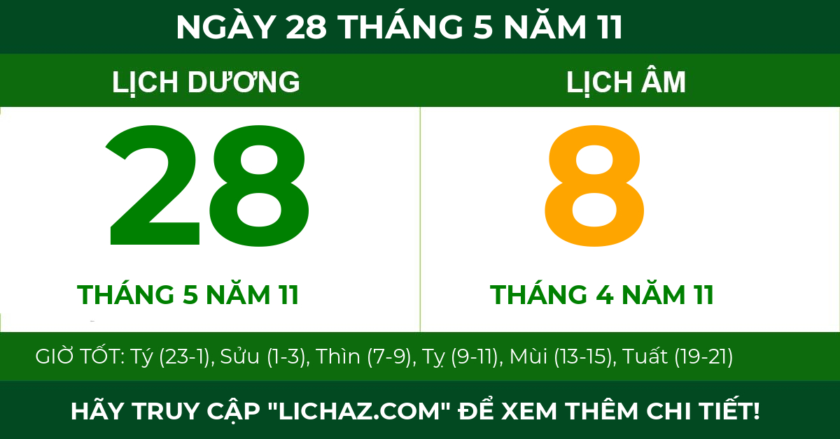lịch âm ngày 28 tháng 5 năm 11