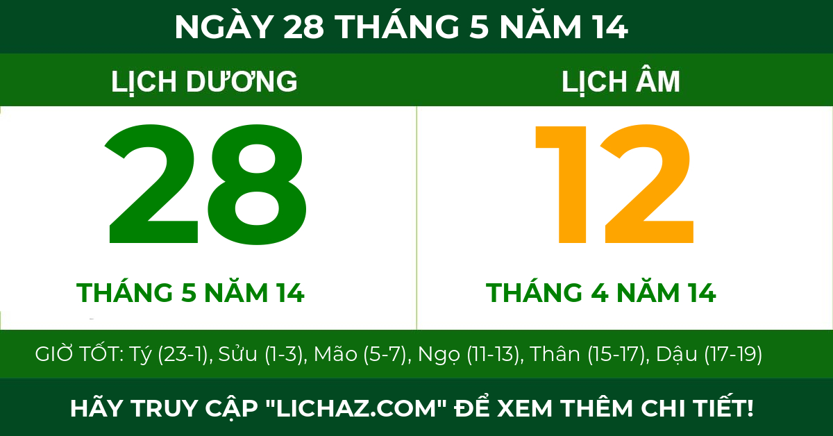 lịch âm ngày 28 tháng 5 năm 14