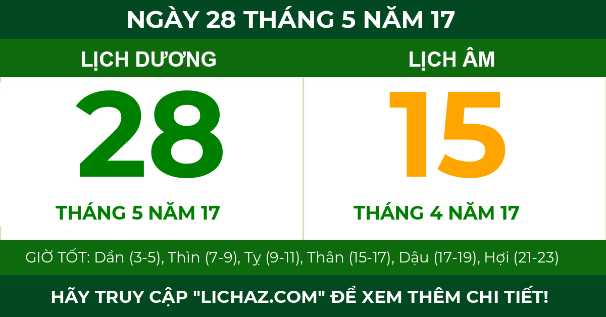 lịch âm ngày 28 tháng 5 năm 17