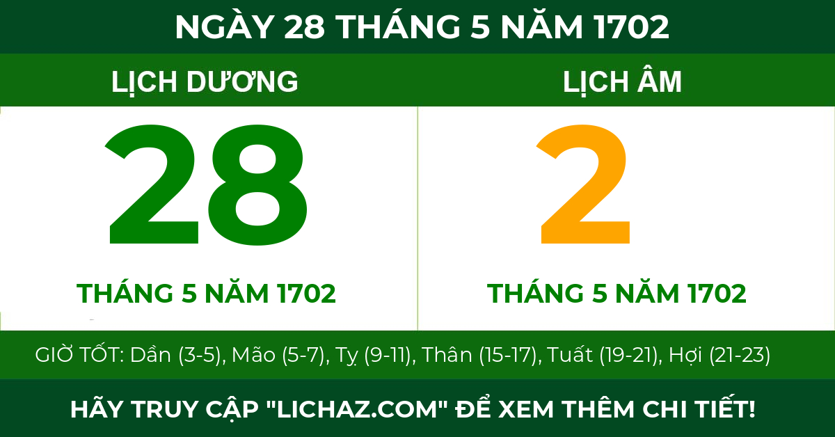 lịch âm ngày 28 tháng 5 năm 1702