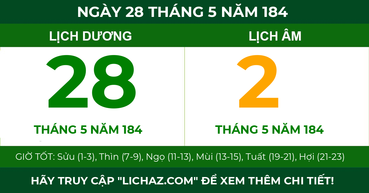 lịch âm ngày 28 tháng 5 năm 184