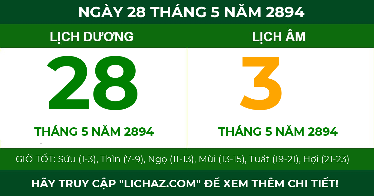 lịch âm ngày 28 tháng 5 năm 2894
