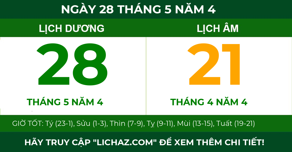 lịch âm ngày 28 tháng 5 năm 4