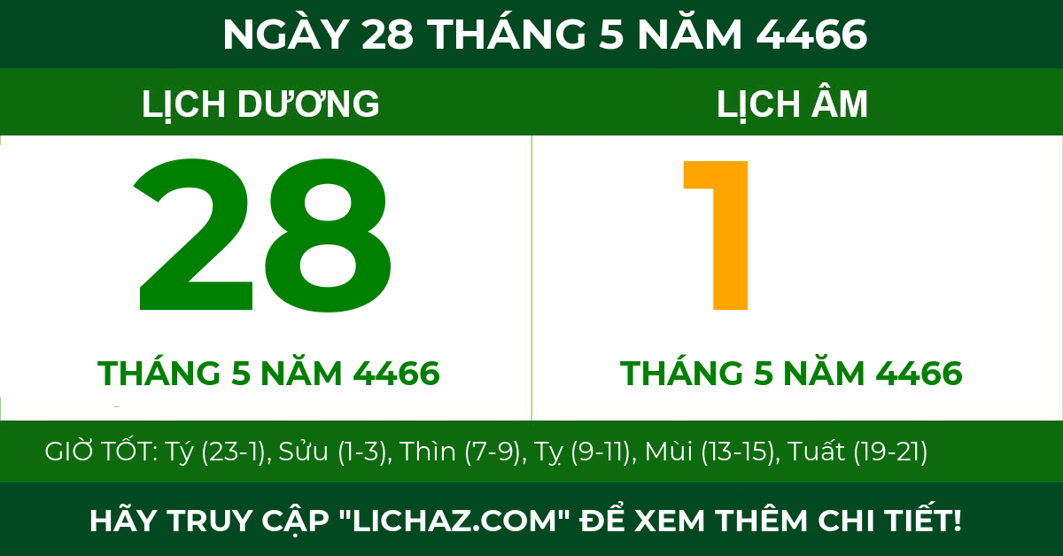 lịch âm ngày 28 tháng 5 năm 4466