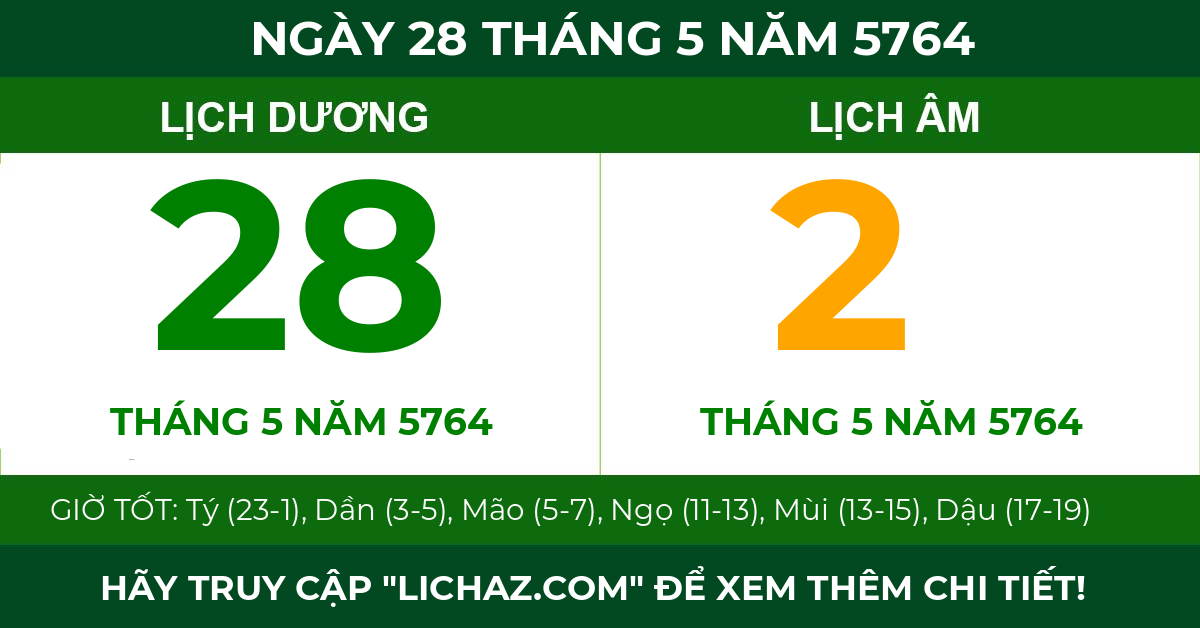 lịch âm ngày 28 tháng 5 năm 5764