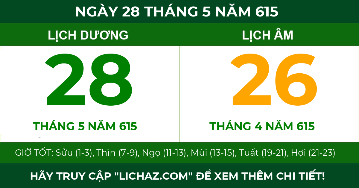 lịch âm ngày 28 tháng 5 năm 615