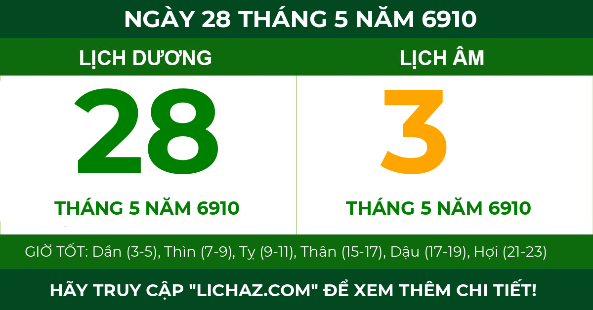 lịch âm ngày 28 tháng 5 năm 6910