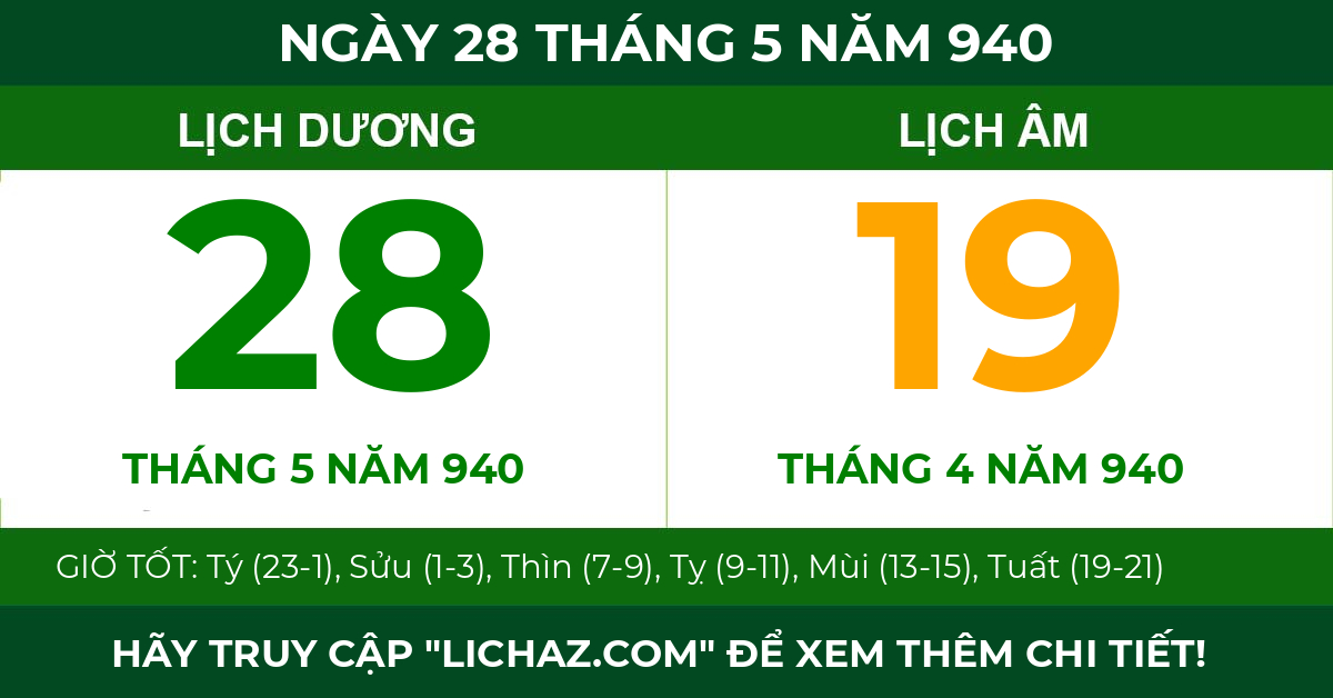 lịch âm ngày 28 tháng 5 năm 940