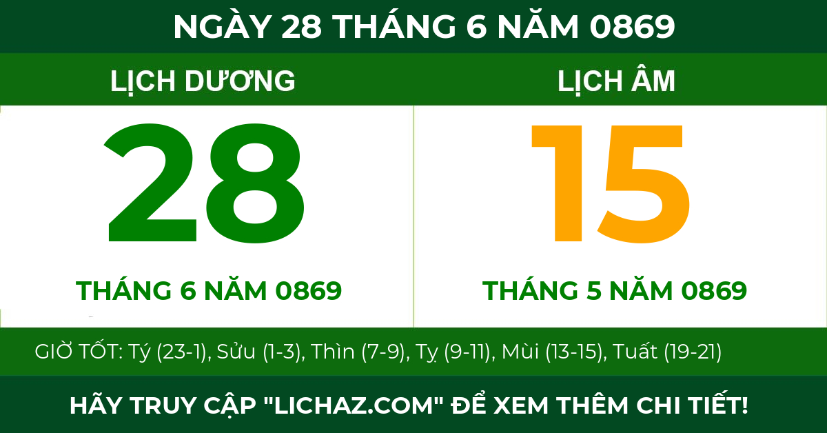 lịch âm ngày 28 tháng 6 năm 0869