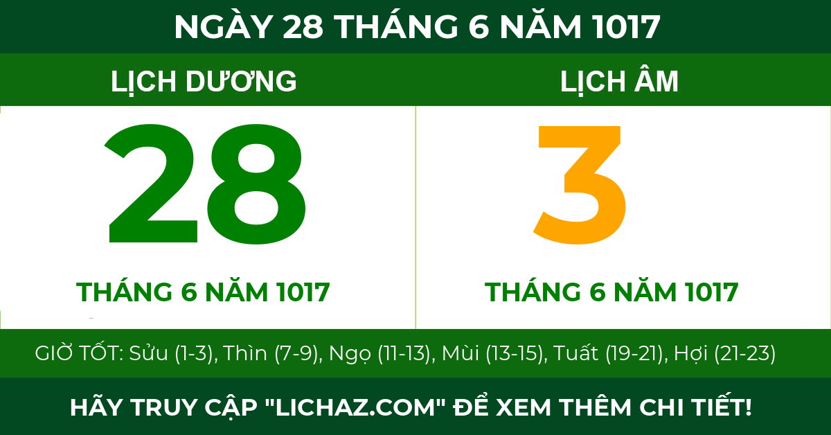 lịch âm ngày 28 tháng 6 năm 1017