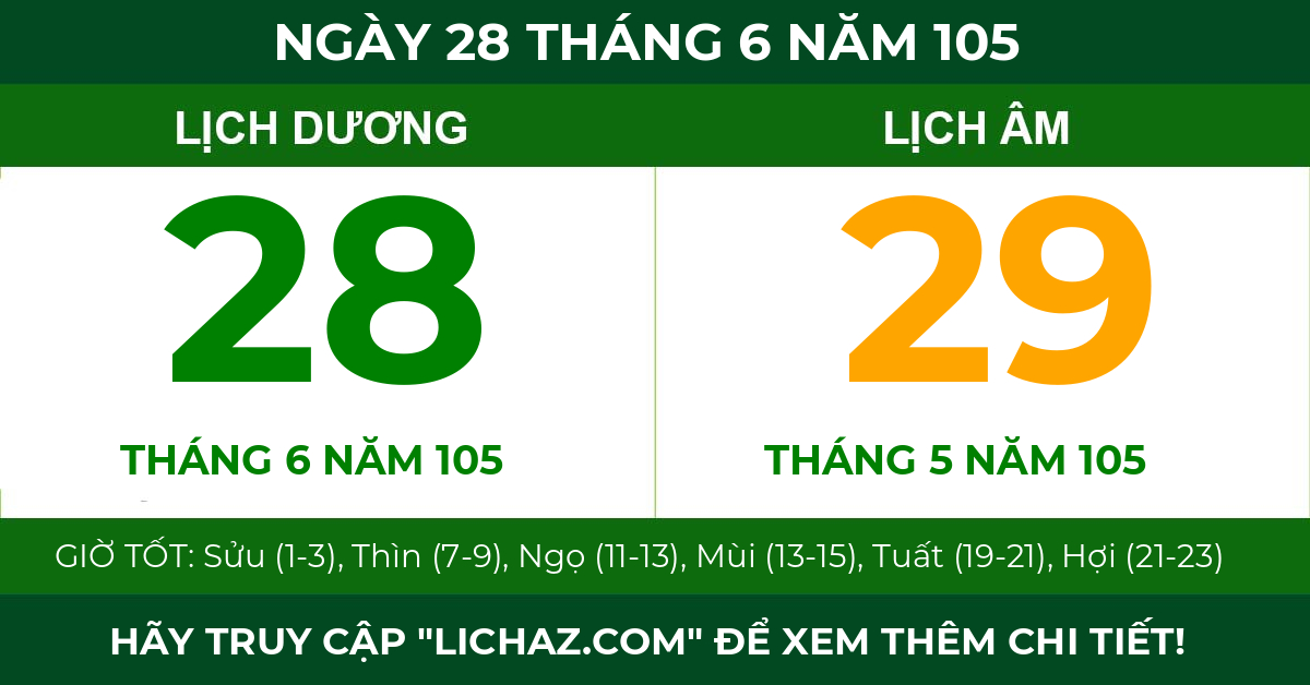 lịch âm ngày 28 tháng 6 năm 105